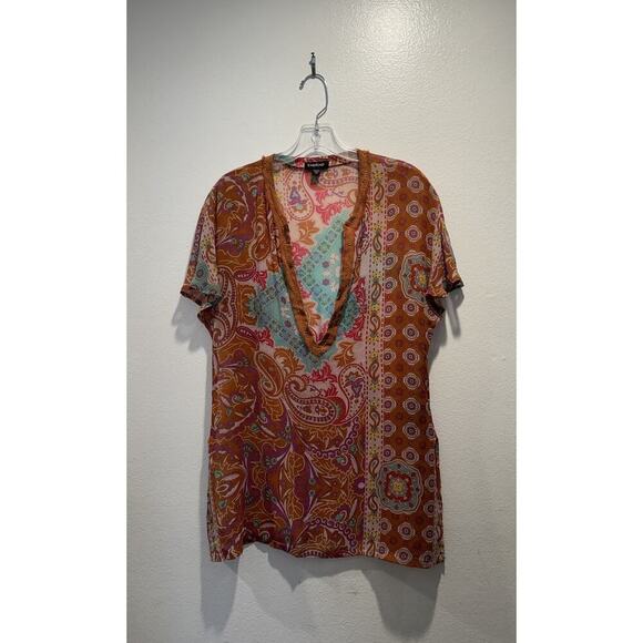 BEBE Cover Up Size XS Multi Color 100% Silk Tunic Top Sheer Boho V Neck Beaded - Picture 1 of 9